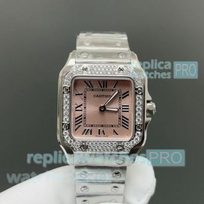 Swiss Replica Ladies Cartier Santos Pink Dial Diamond Stainless Steel Watch 
